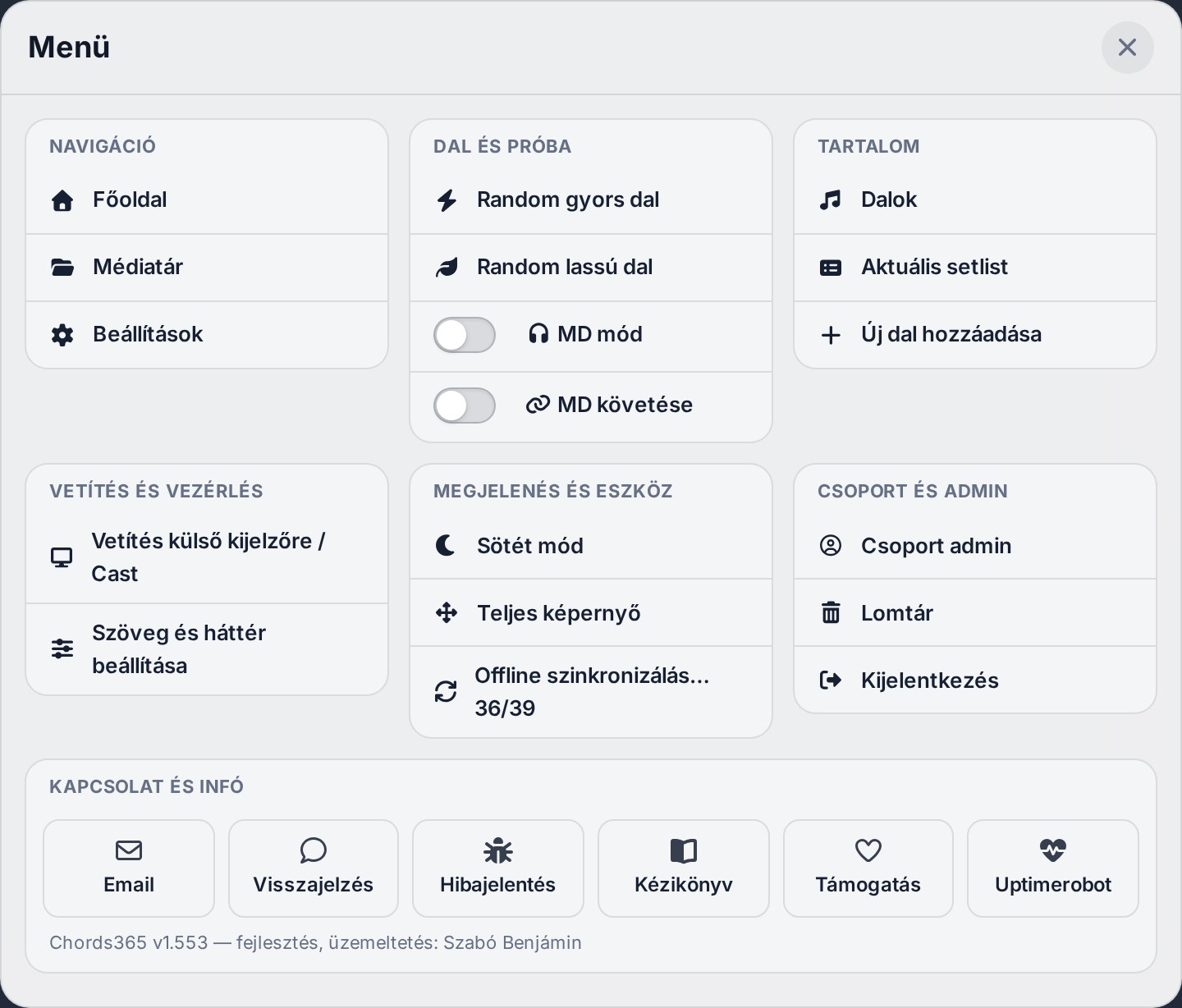 Új menü modal — navigáció, dal és próba, tartalom, vetítés, megjelenés, admin, kapcsolat