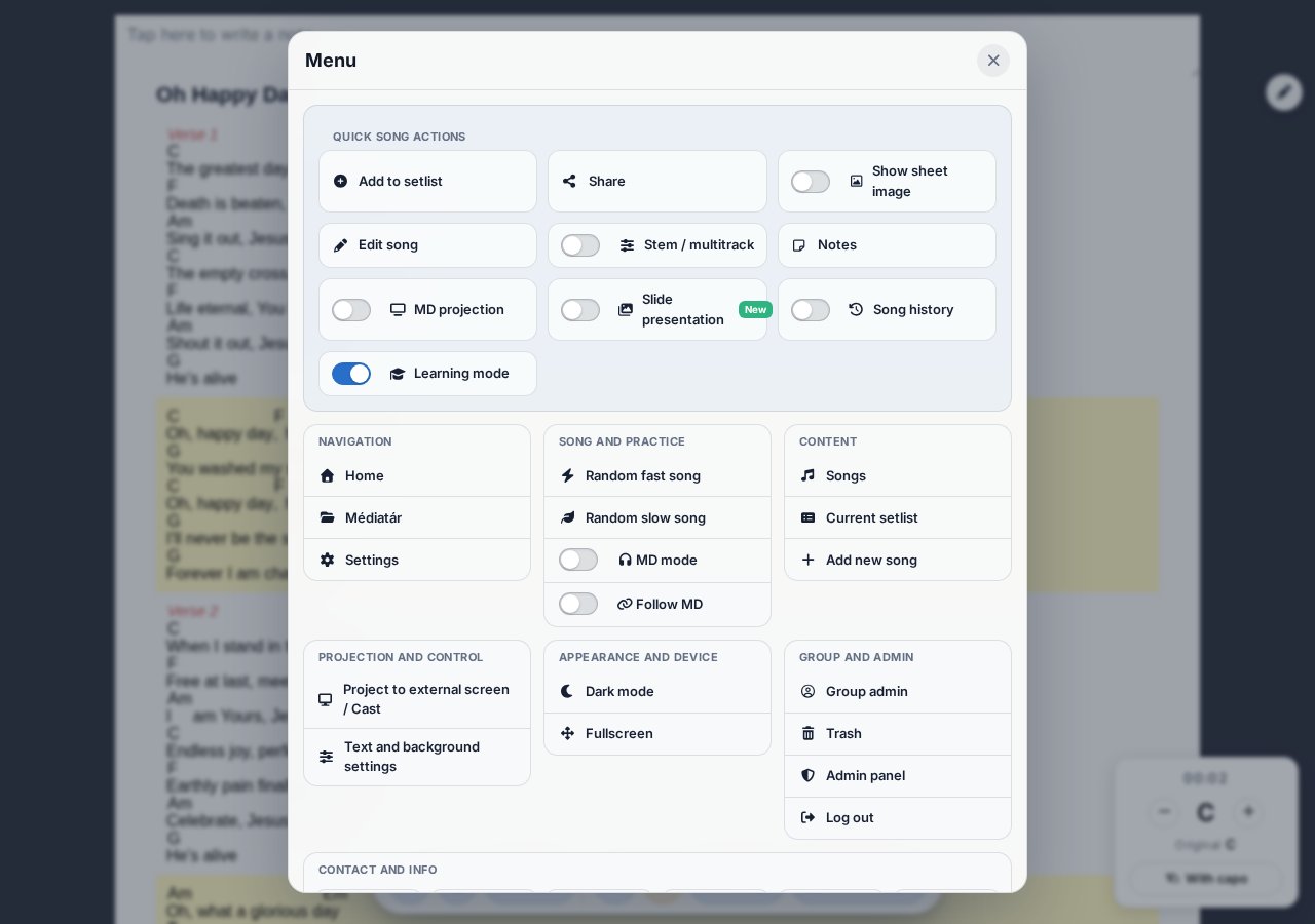New menu modal — navigation, song and rehearsal, content, projection, appearance, admin, contact