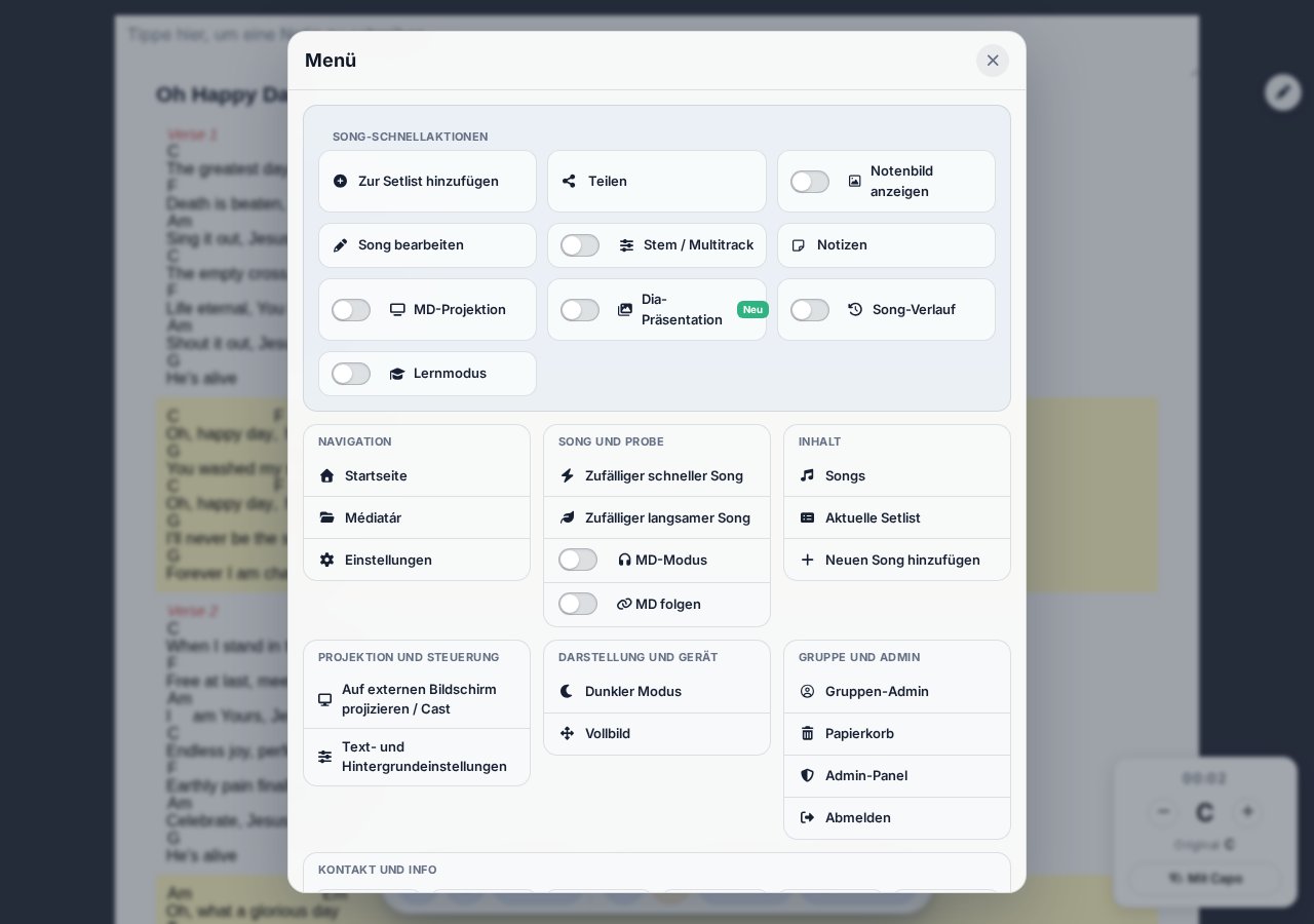 Neues Menü Modal — Navigation, Song und Probe, Inhalt, Beamen, Darstellung, Admin, Kontakt