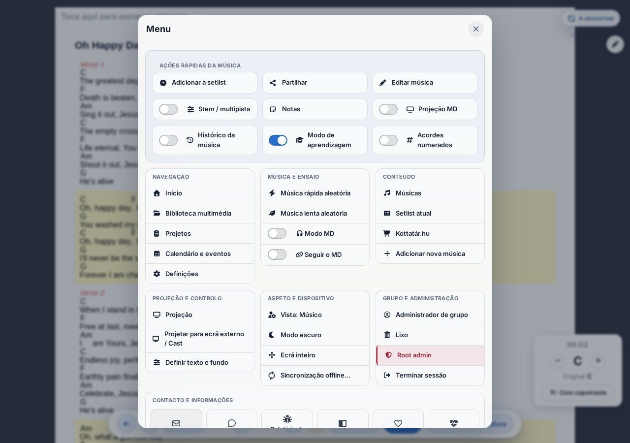 Modal do novo menu — navegação, canção e ensaio, conteúdo, projeção, aparência, admin, contacto