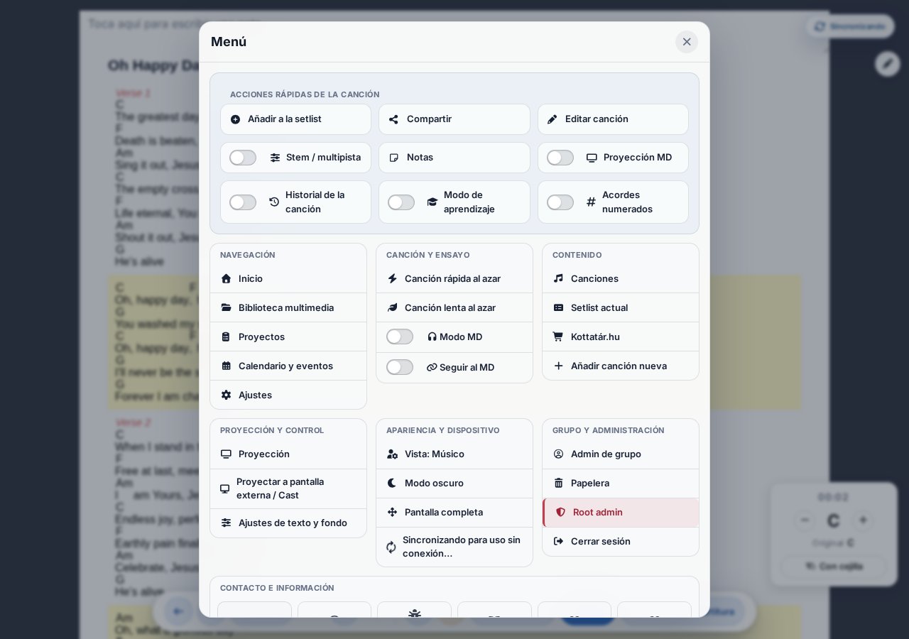 Modal del nuevo menú — navegación, canción y ensayo, contenido, proyección, apariencia, administración, contacto
