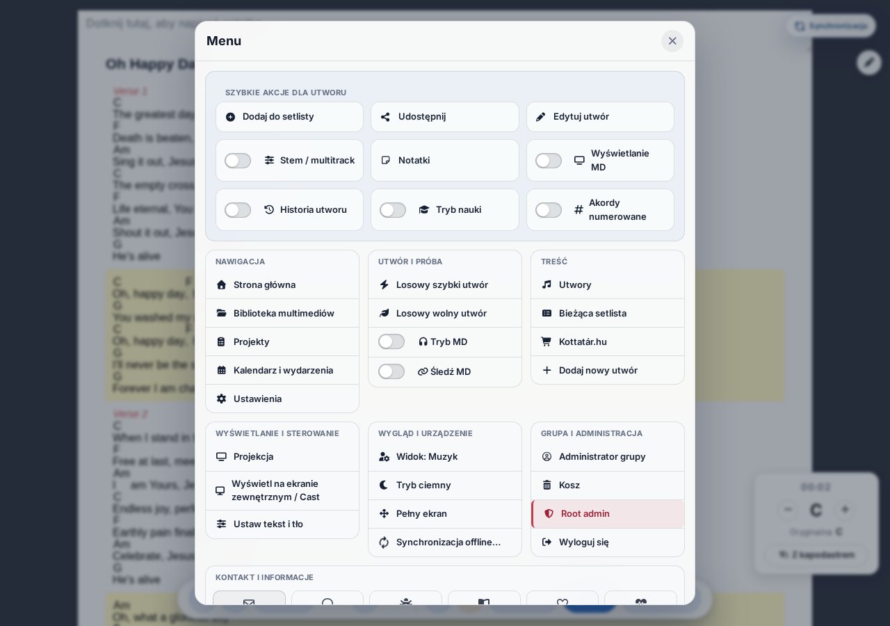 Nowe menu — nawigacja, piosenka i próba, treści, projekcja, wygląd, admin, kontakt