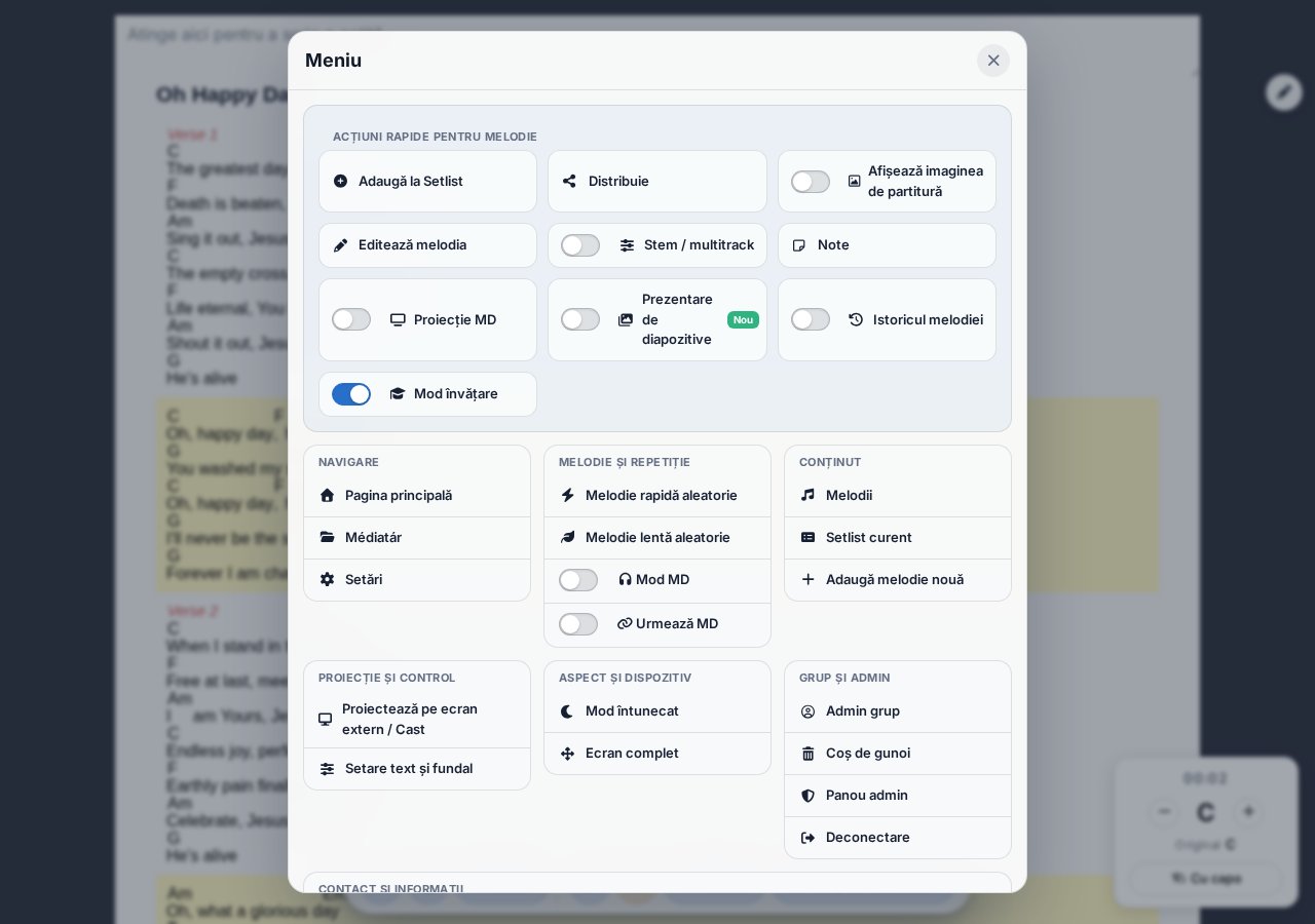 Modalul meniului nou — navigare, piesă și repetiție, conținut, proiecție, aspect, admin, contact