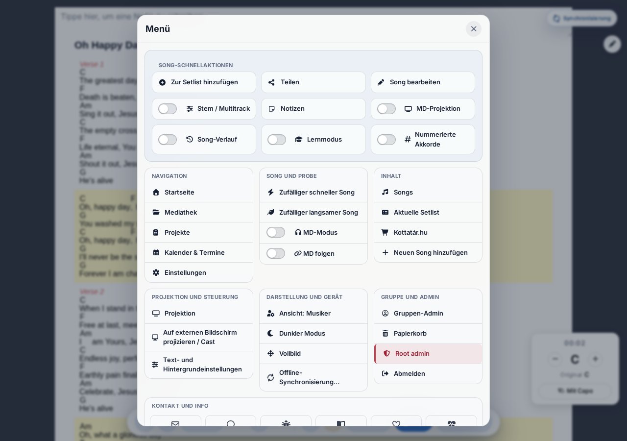 Neues Menü Modal — Navigation, Song und Probe, Inhalt, Beamen, Darstellung, Admin, Kontakt