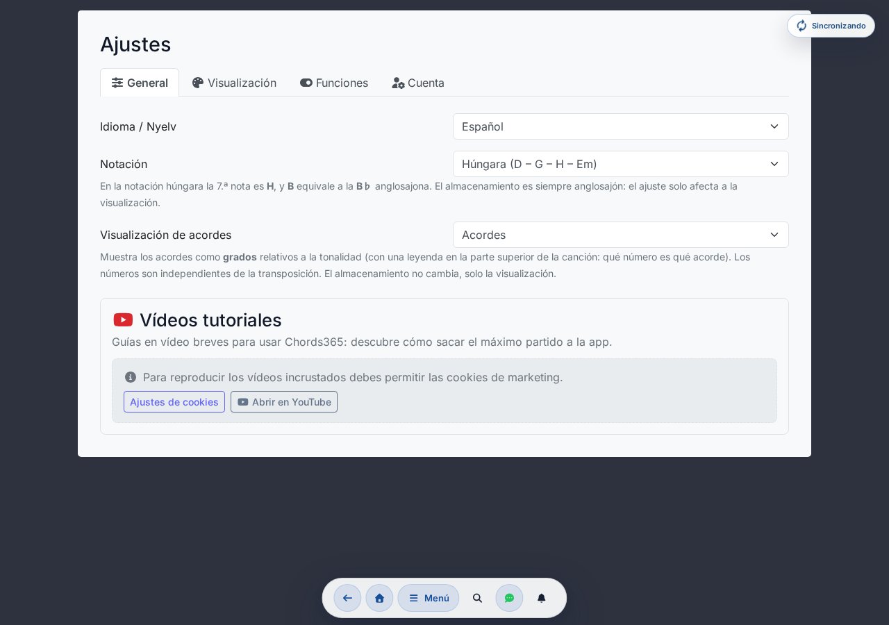 Ajustes → General — Idioma y Notación de notas