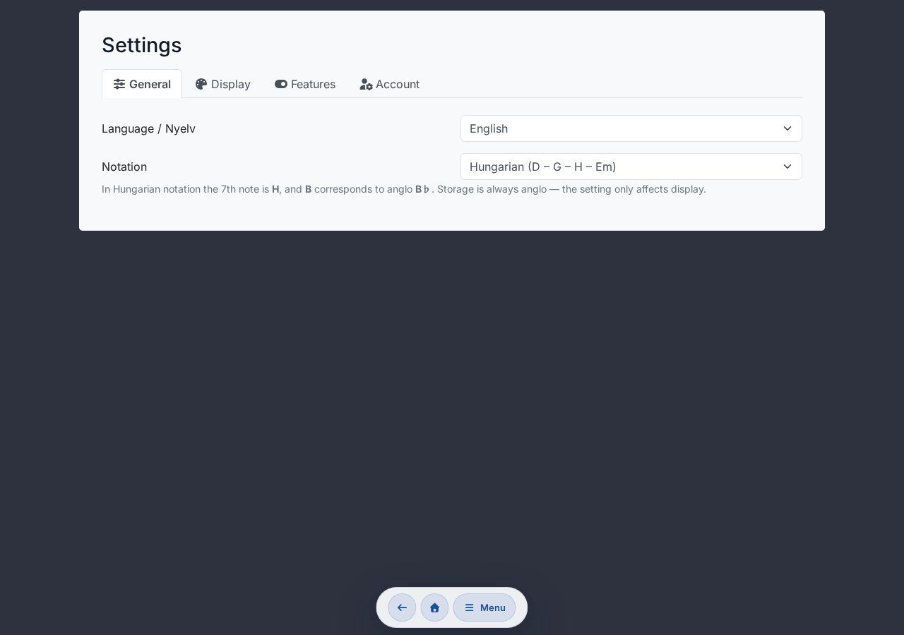 Settings → General — Language, Appearance (theme), Note naming