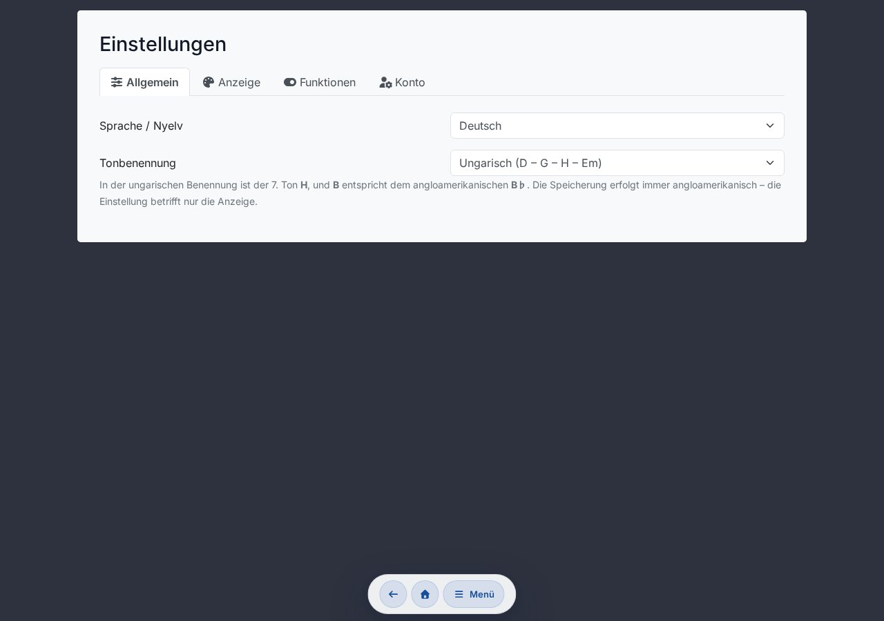 Einstellungen → Allgemein — Sprache, Darstellung (Thema), Tonbezeichnung