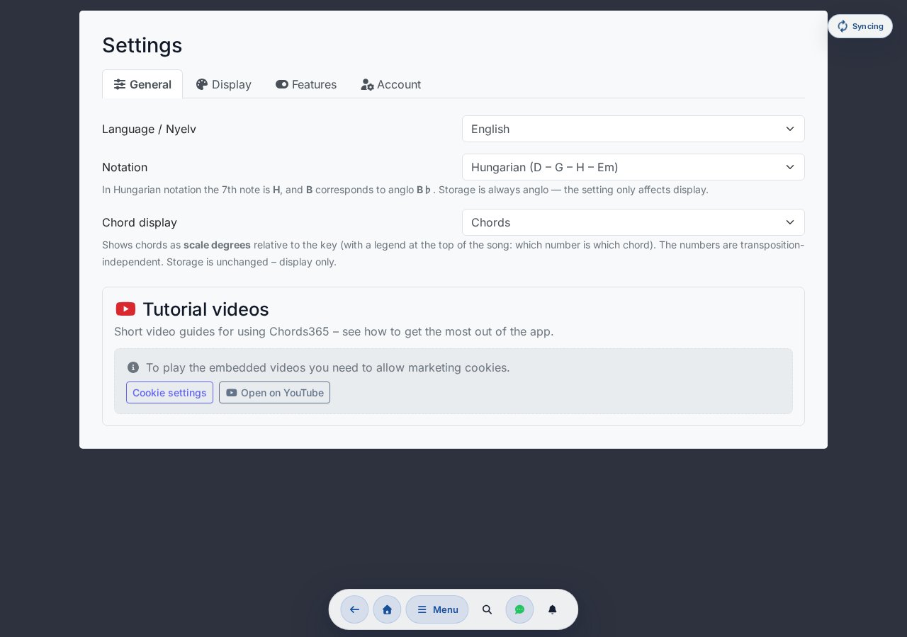 Settings → General — Language and Note naming