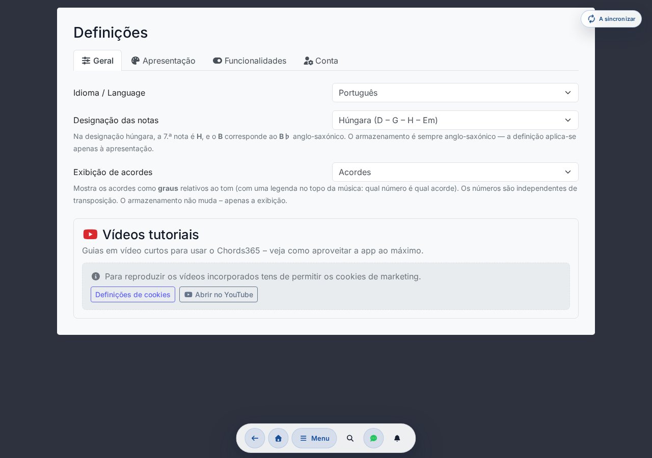 Definições → Geral — Idioma e Designação das notas