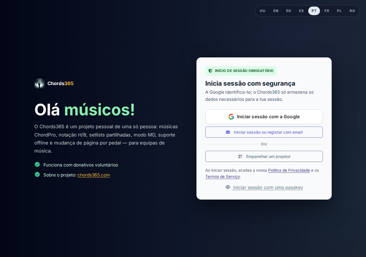 Novo ecrã de início de sessão — botão HU/EN, mensagem de boas-vindas, Iniciar sessão com Google, Emparelhar projetor