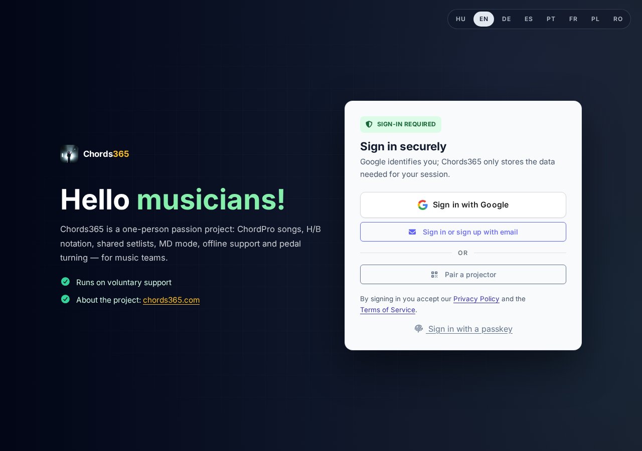New login screen — HU/EN toggle, Hey musicians welcome message, Sign in with Google, Pair projector