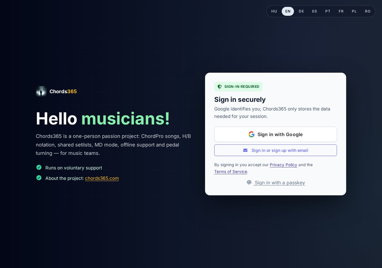 The sign-in card: Google button, email panel and passkey link