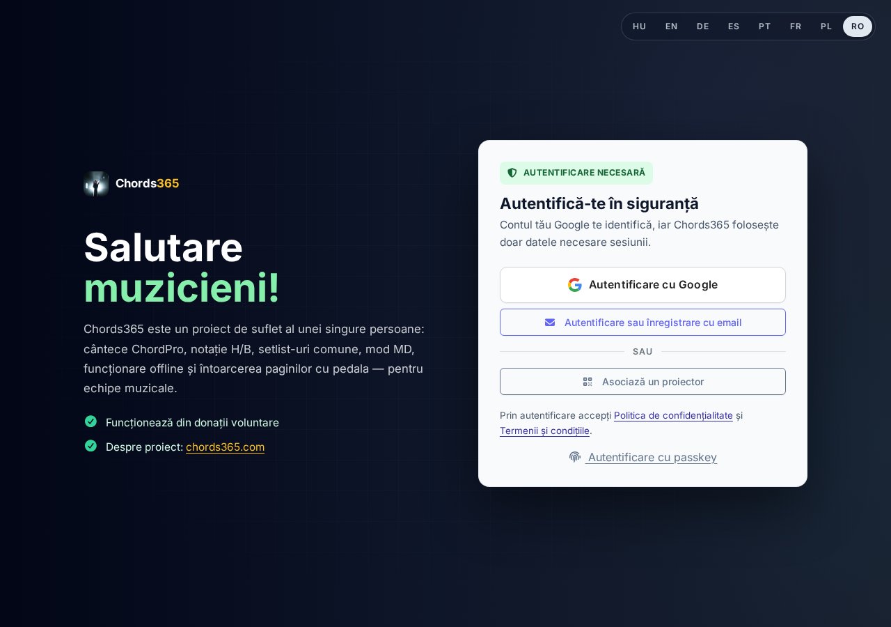 Noul ecran de login — comutator HU/EN, salut Sziasztok zenészek, Bejelentkezés Google-el, Vetítő párosítása