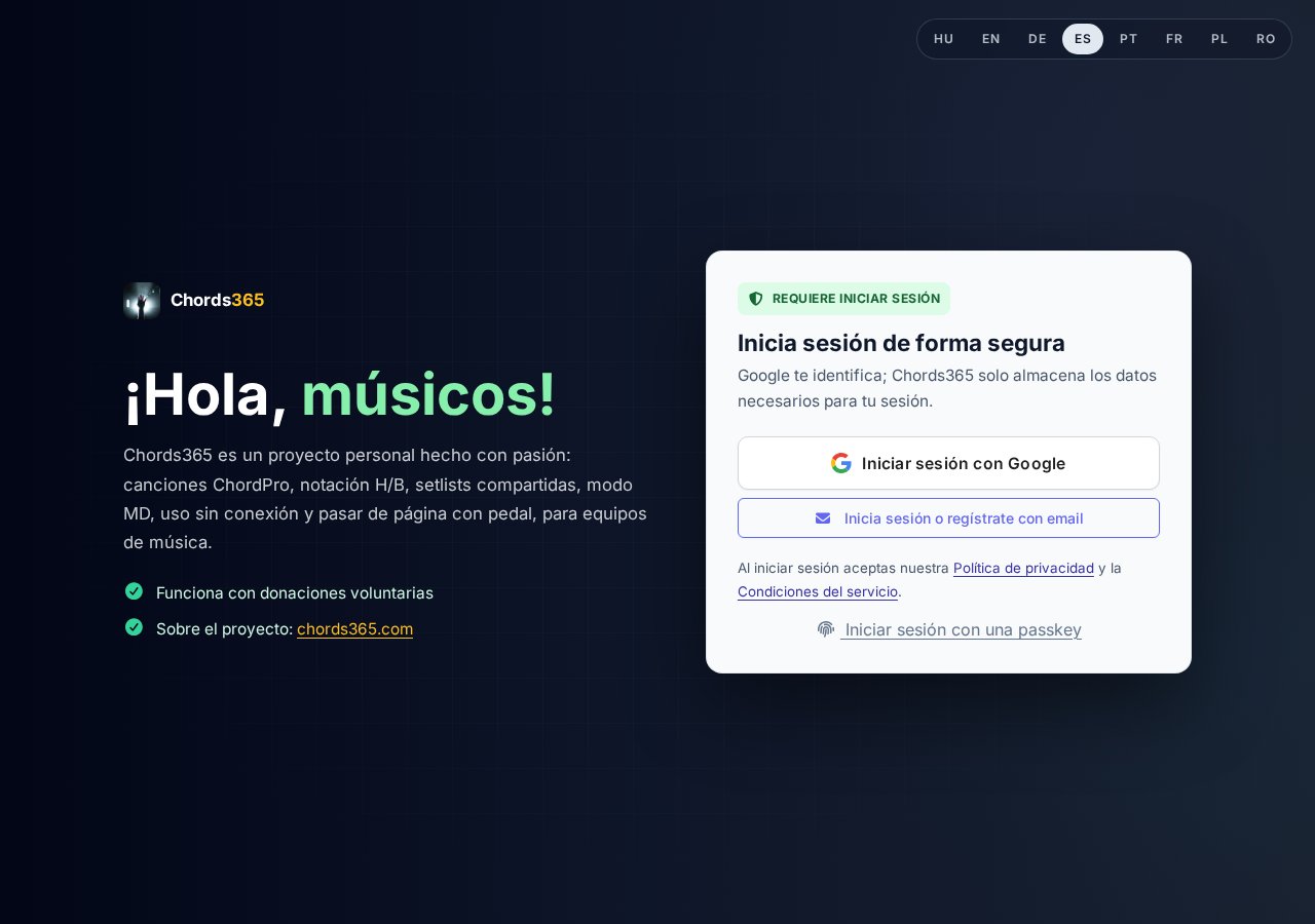 La tarjeta de inicio de sesión: botón de Google, panel de email y enlace de passkey