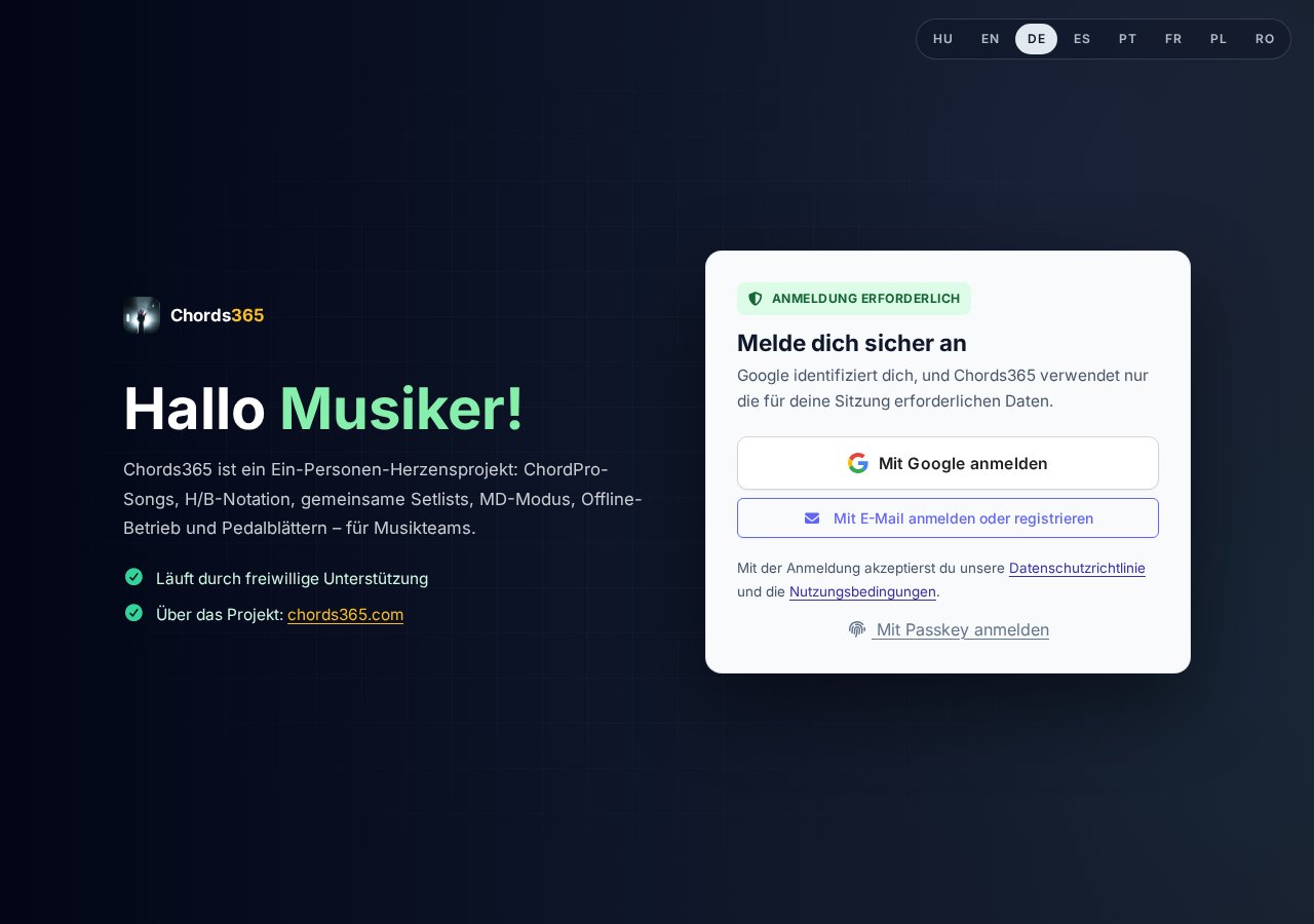 Die Anmeldekarte: Google-Schaltfläche, E-Mail-Panel und Passkey-Link