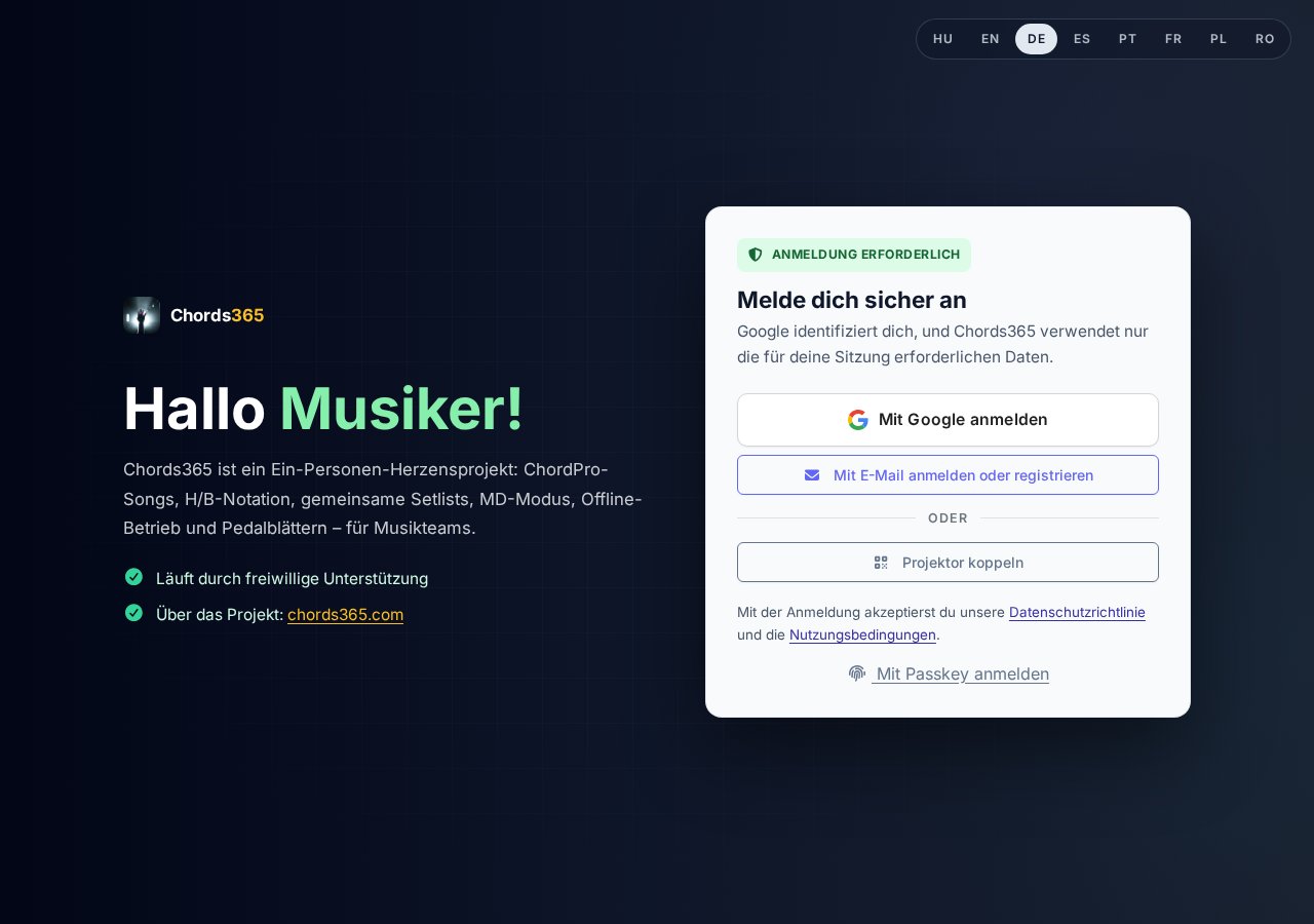 Neuer Login-Bildschirm — HU/EN Umschalter, Hallo Musiker Begrüßung, Anmelden mit Google, Beamer koppeln