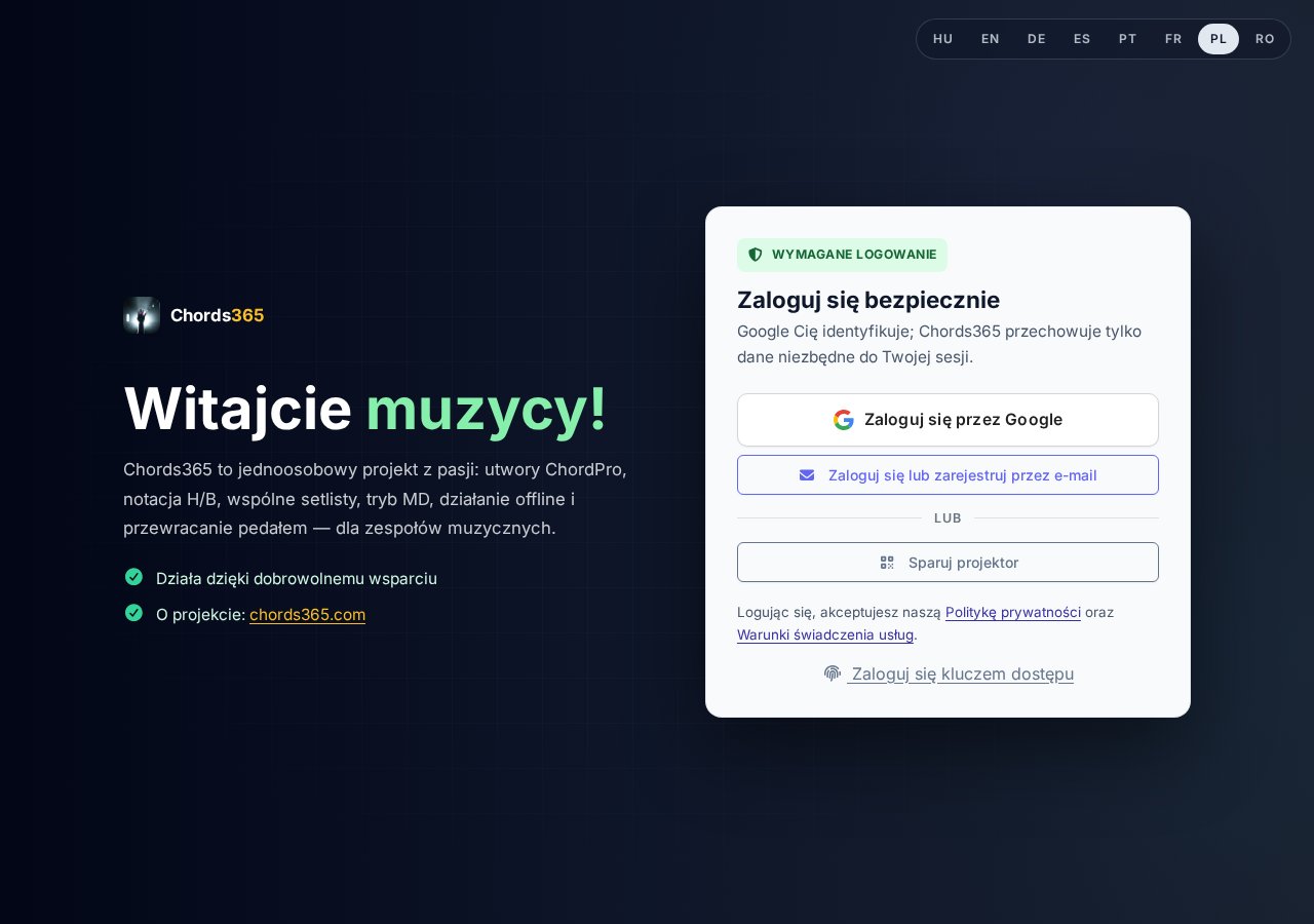 Nowy ekran logowania — przełącznik HU/EN, powitanie, Zaloguj się przez Google, Parowanie projektora