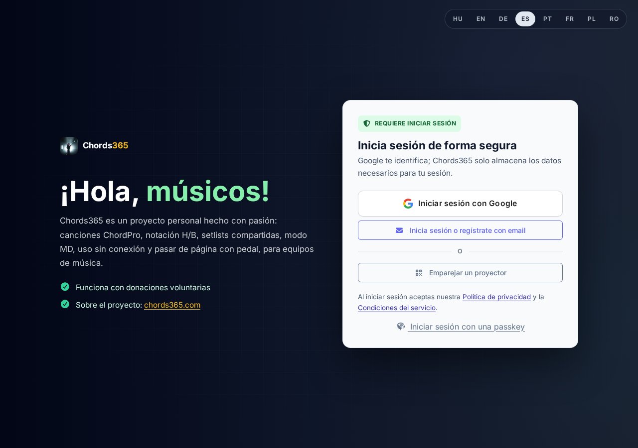 Nueva pantalla de inicio de sesión — conmutador HU/EN, saludo Sziasztok zenészek, Iniciar sesión con Google, Vincular proyector