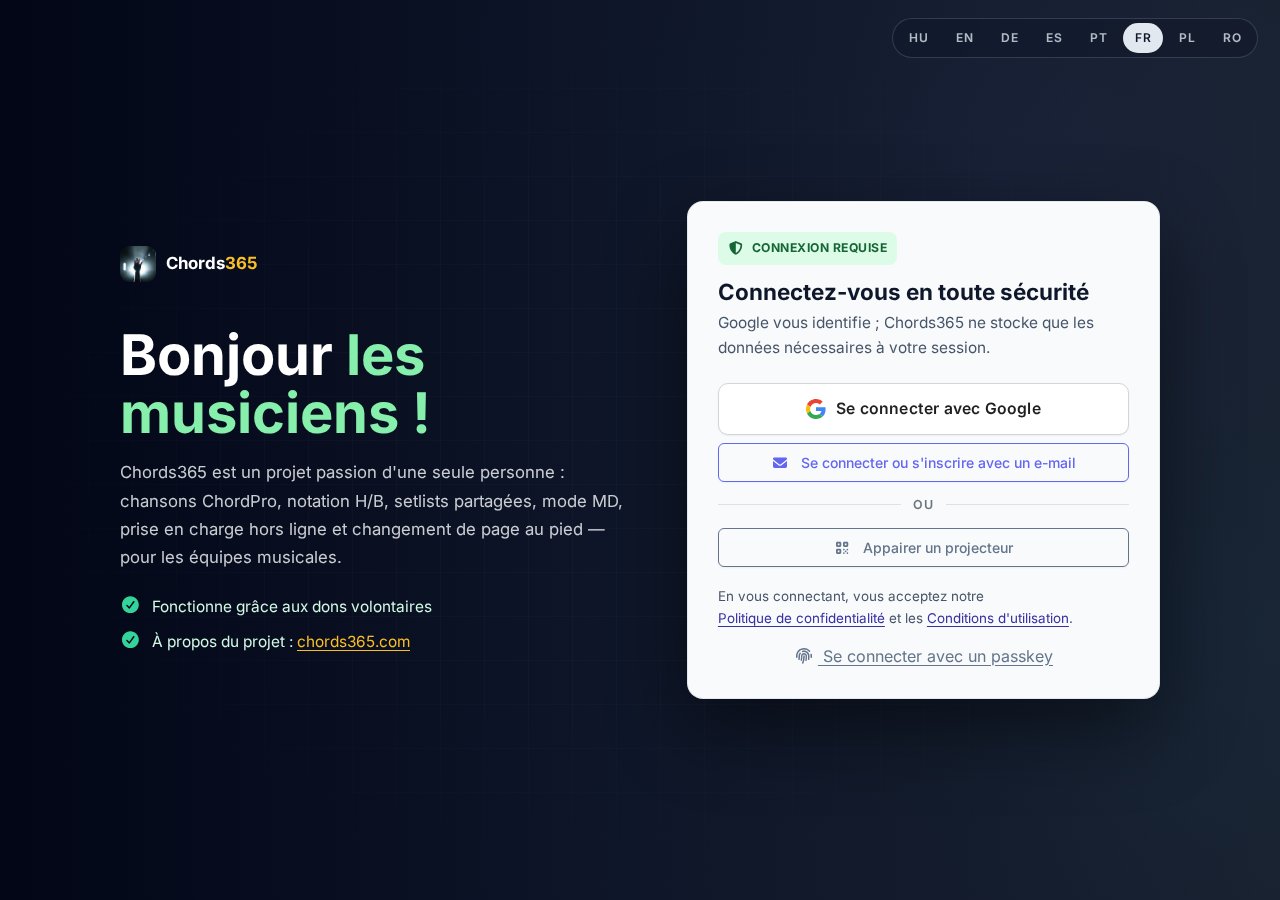 Nouvel écran de connexion — interrupteur HU/EN, message de bienvenue Sziasztok zenészek, Se connecter avec Google, Association du projecteur