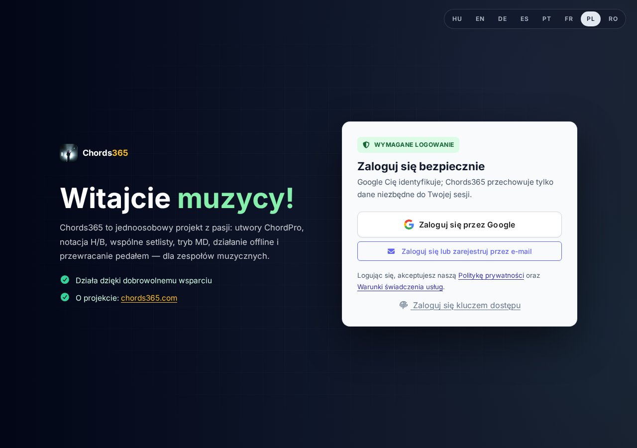 Karta logowania: przycisk Google, panel e-mailowy i link do klucza dostępu
