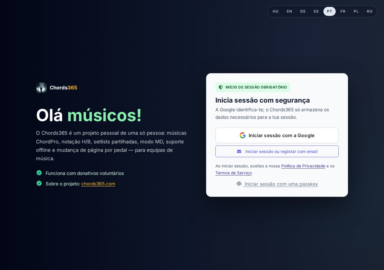 O cartão de início de sessão: botão Google, painel de email e ligação passkey