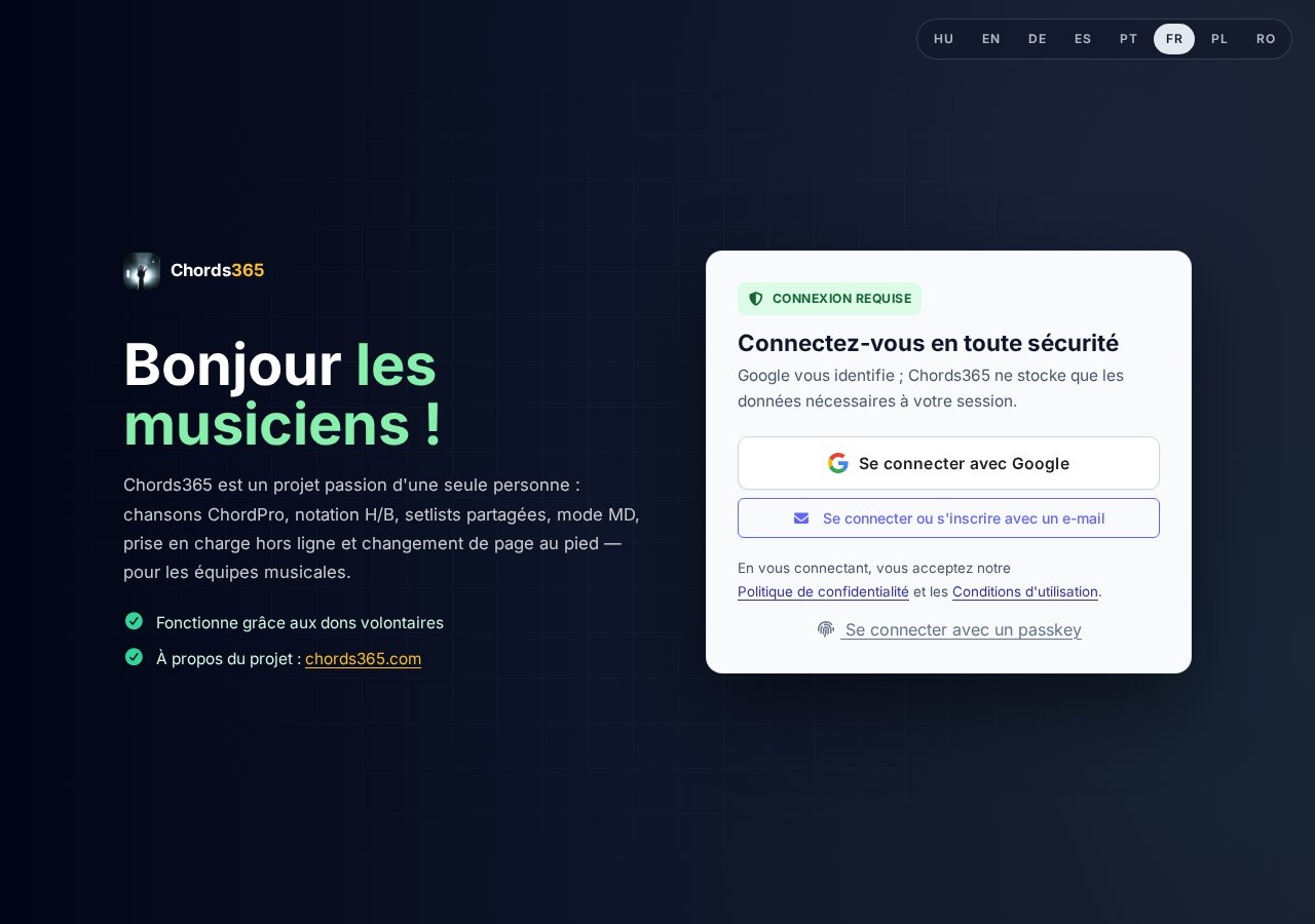 La carte de connexion : bouton Google, panneau e-mail et lien passkey