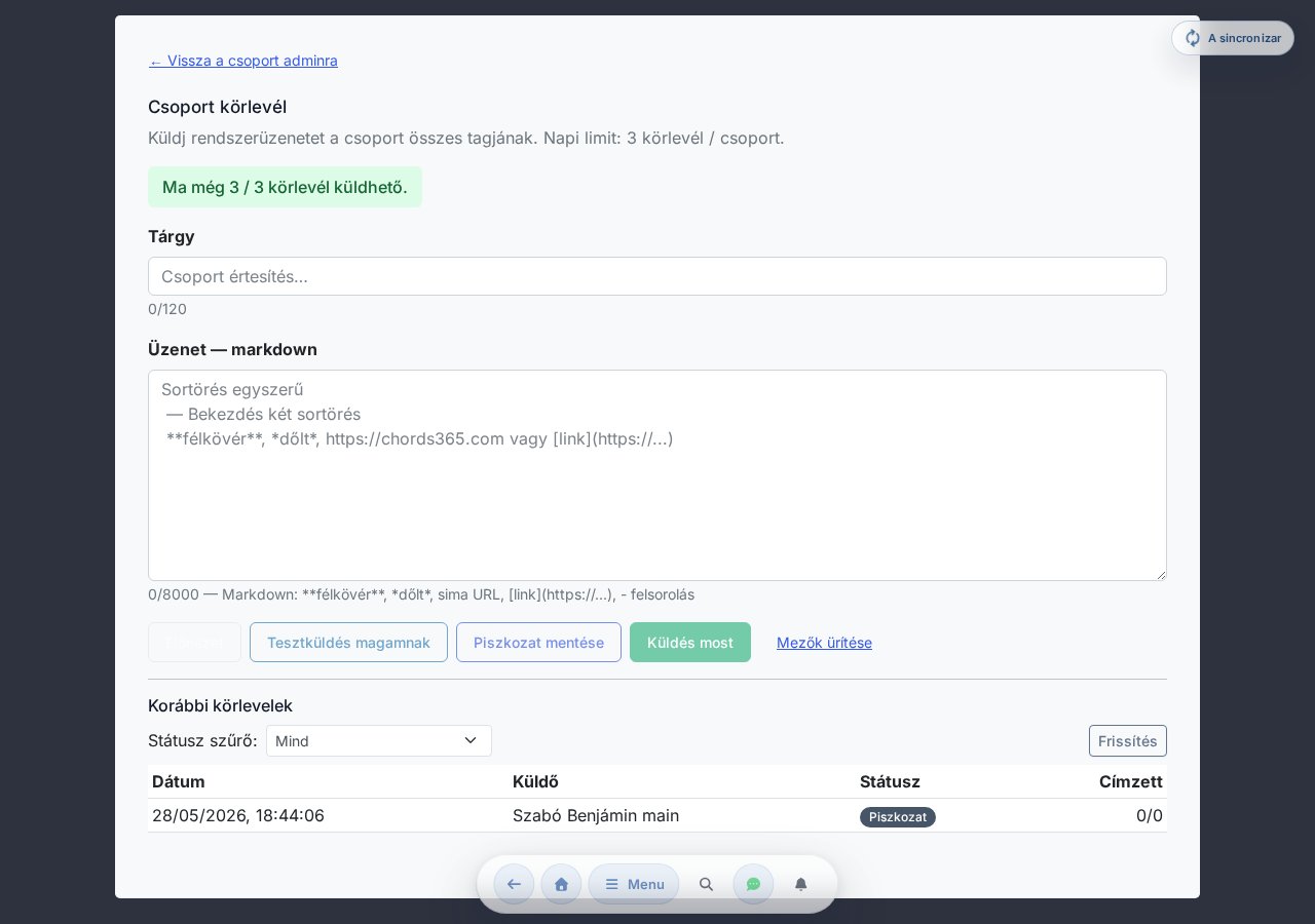 Enviar circular do grupo — assunto, corpo em markdown, pré-visualização, envio de teste, enviar
