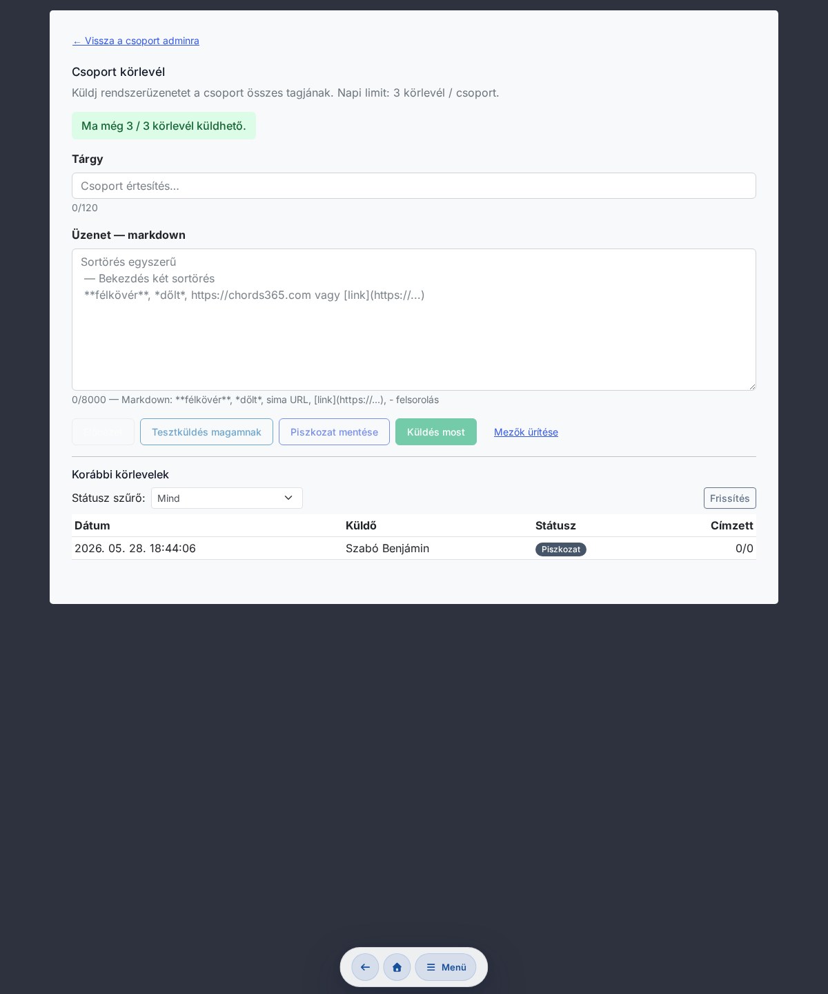 Csoport körlevél küldése — tárgy, markdown body, előnézet, tesztküldés, küldés