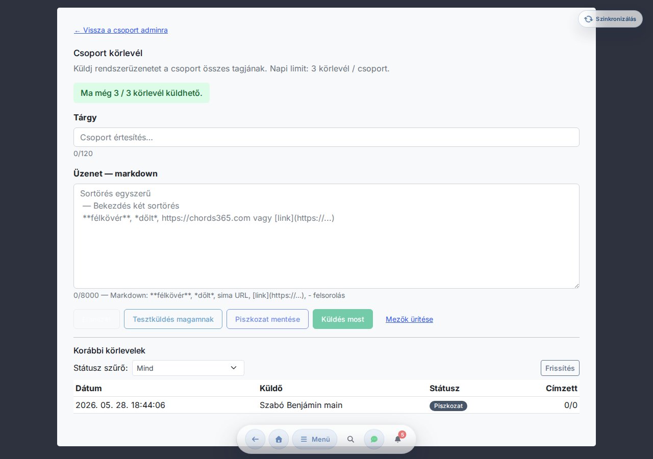 Отправка рассылки группы — тема, тело в markdown, предпросмотр, тестовая отправка, отправка