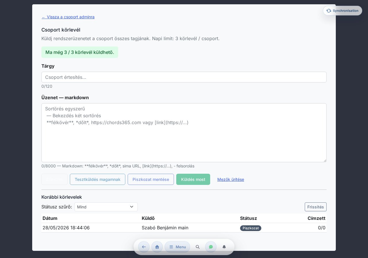 Envoi d'une newsletter de groupe — sujet, corps markdown, aperçu, envoi test, envoi