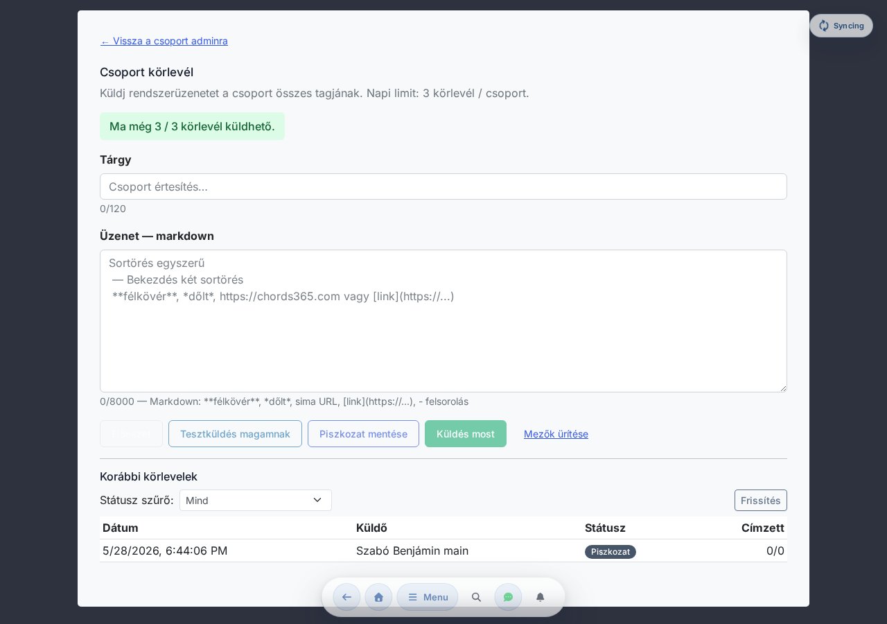 Sending a group broadcast — subject, markdown body, preview, test send, send