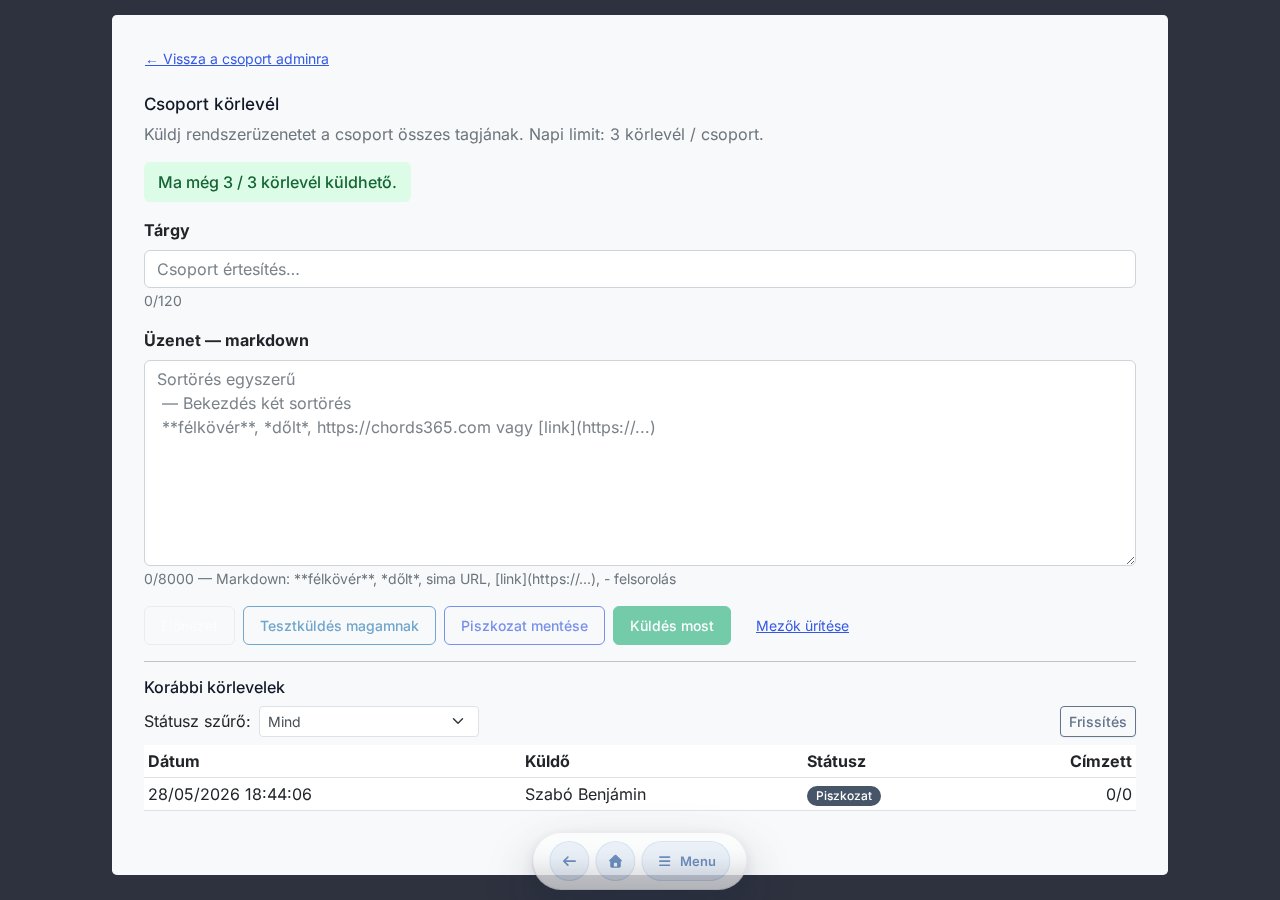 Envoi d'une newsletter de groupe — sujet, corps markdown, aperçu, envoi test, envoi
