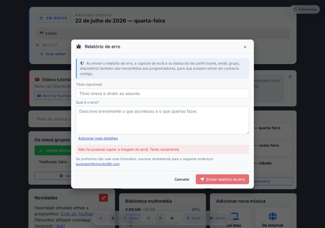 Modal de relatório de erro — captura de ecrã automática, ferramentas de desenho, textarea de descrição