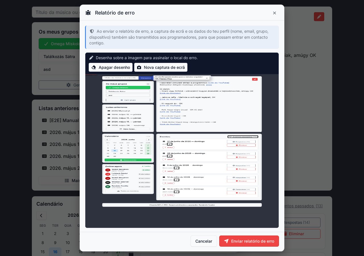 Modal de relatório de erro — captura de ecrã automática, ferramentas de desenho, textarea de descrição