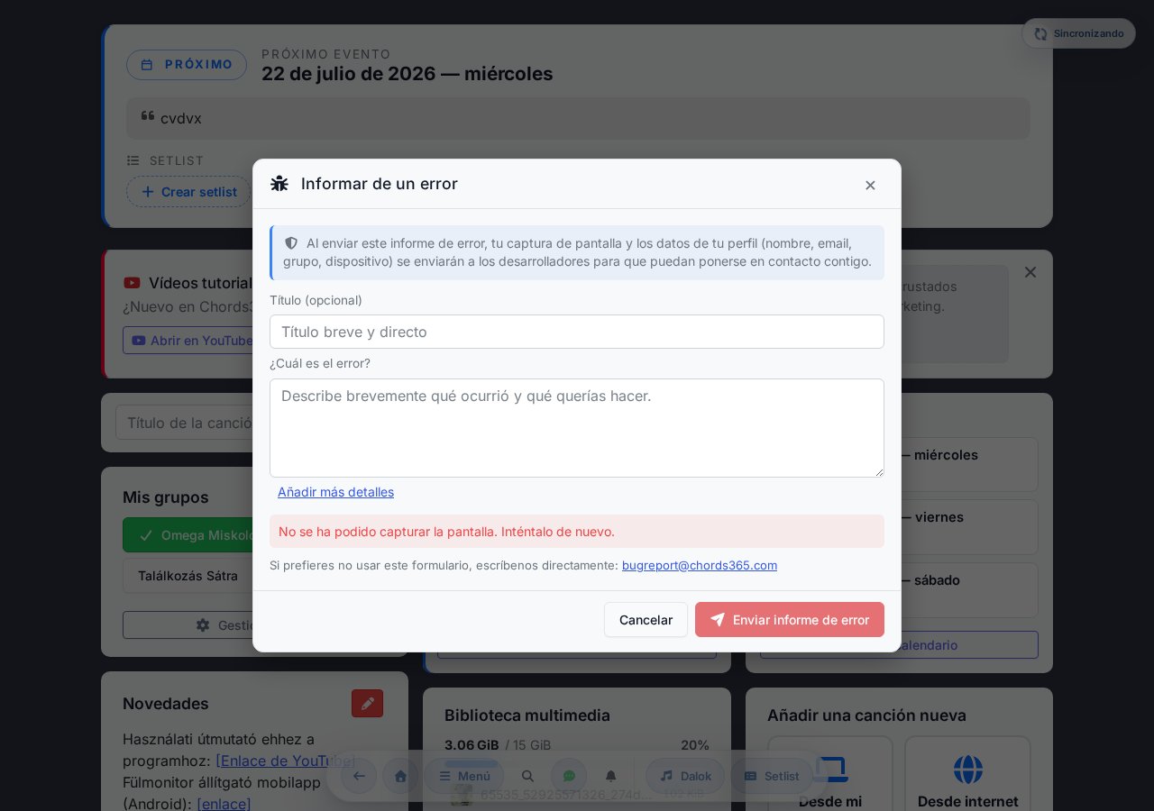 Modal de informe de error — captura de pantalla automática, herramientas de dibujo, área de texto descriptivo