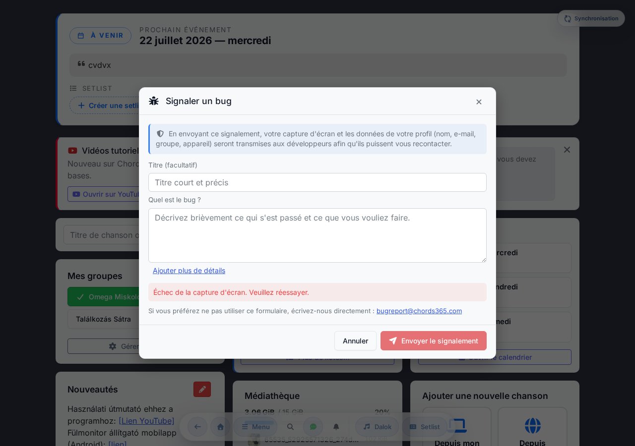 Modal de signalement de bug — capture d'écran automatique, outils de dessin, textarea de description