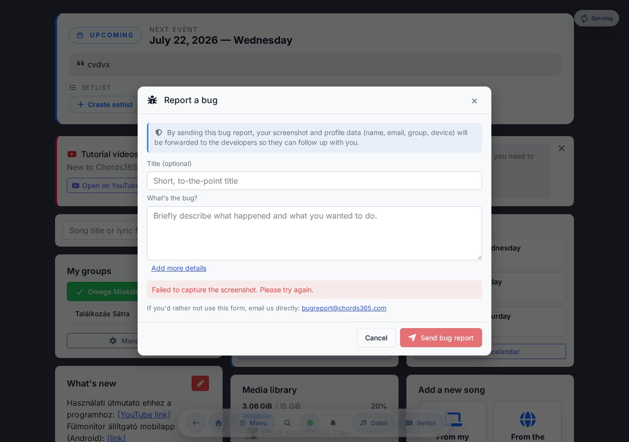 Bug report modal — automatic screenshot, drawing tools, description textarea