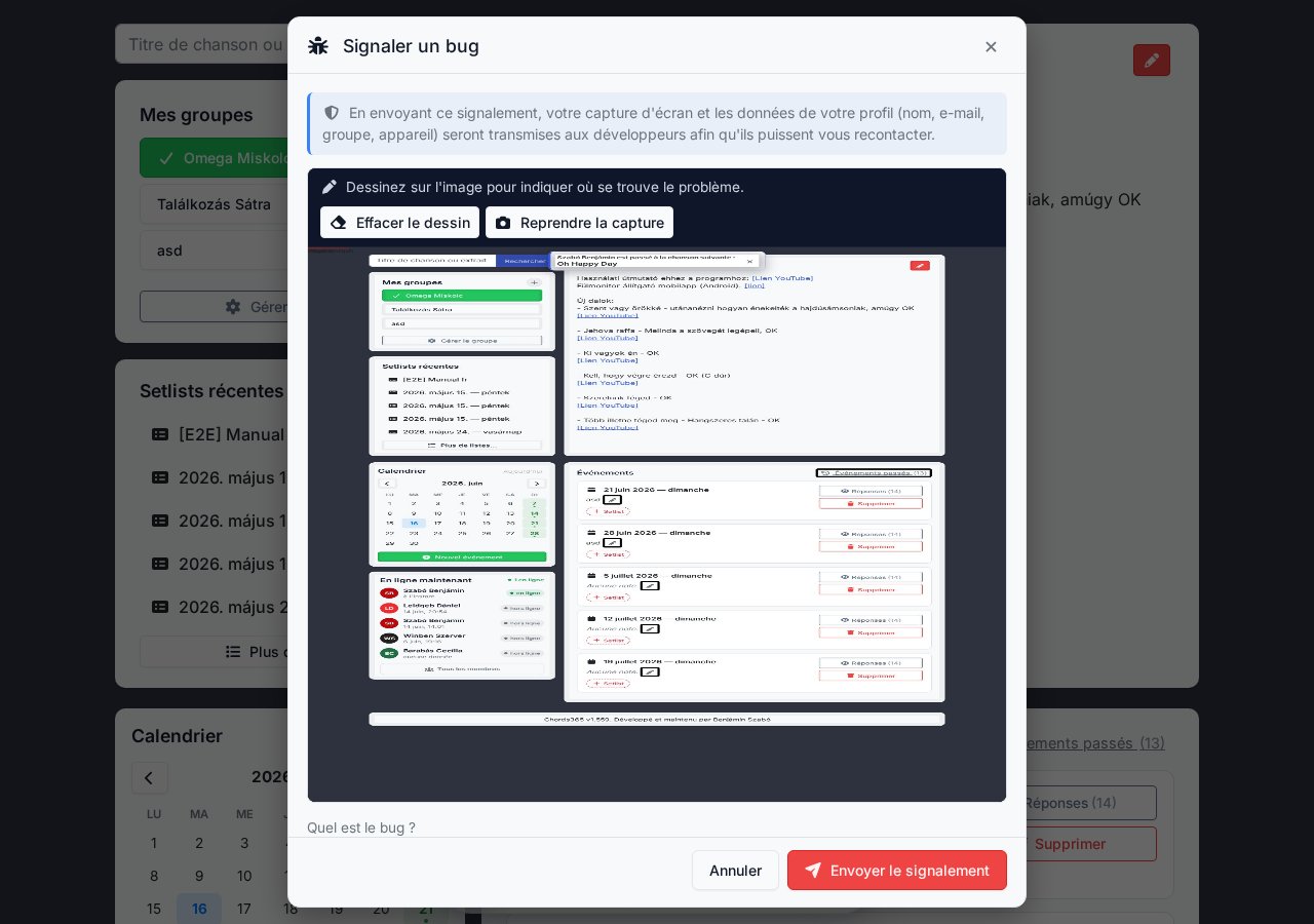 Modal de signalement de bug — capture d'écran automatique, outils de dessin, textarea de description