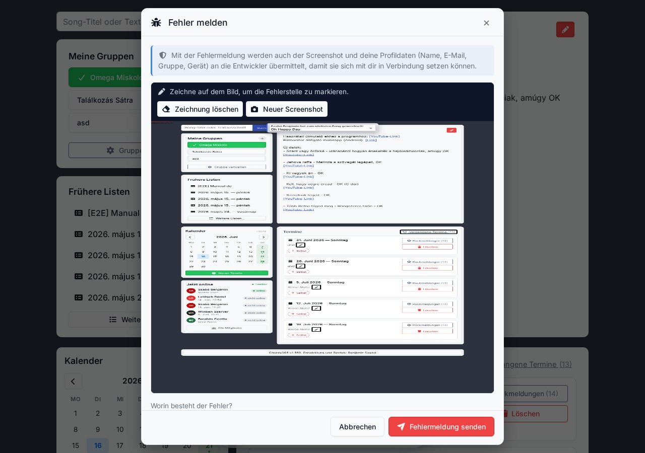 Fehlerbericht Modal — automatischer Screenshot, Zeichenwerkzeuge, Beschreibungs-Textarea