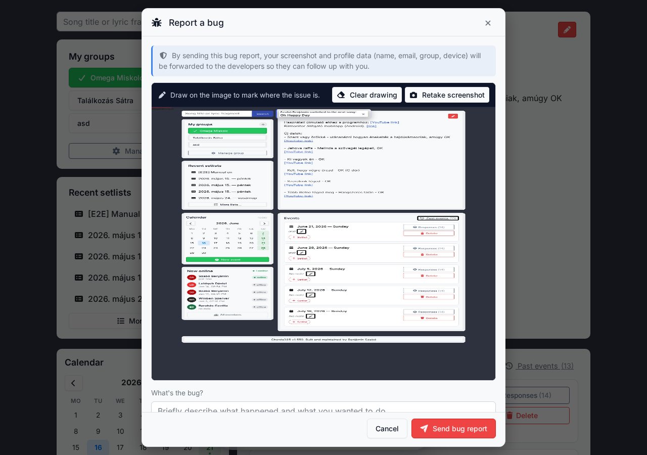 Bug report modal — automatic screenshot, drawing tools, description textarea