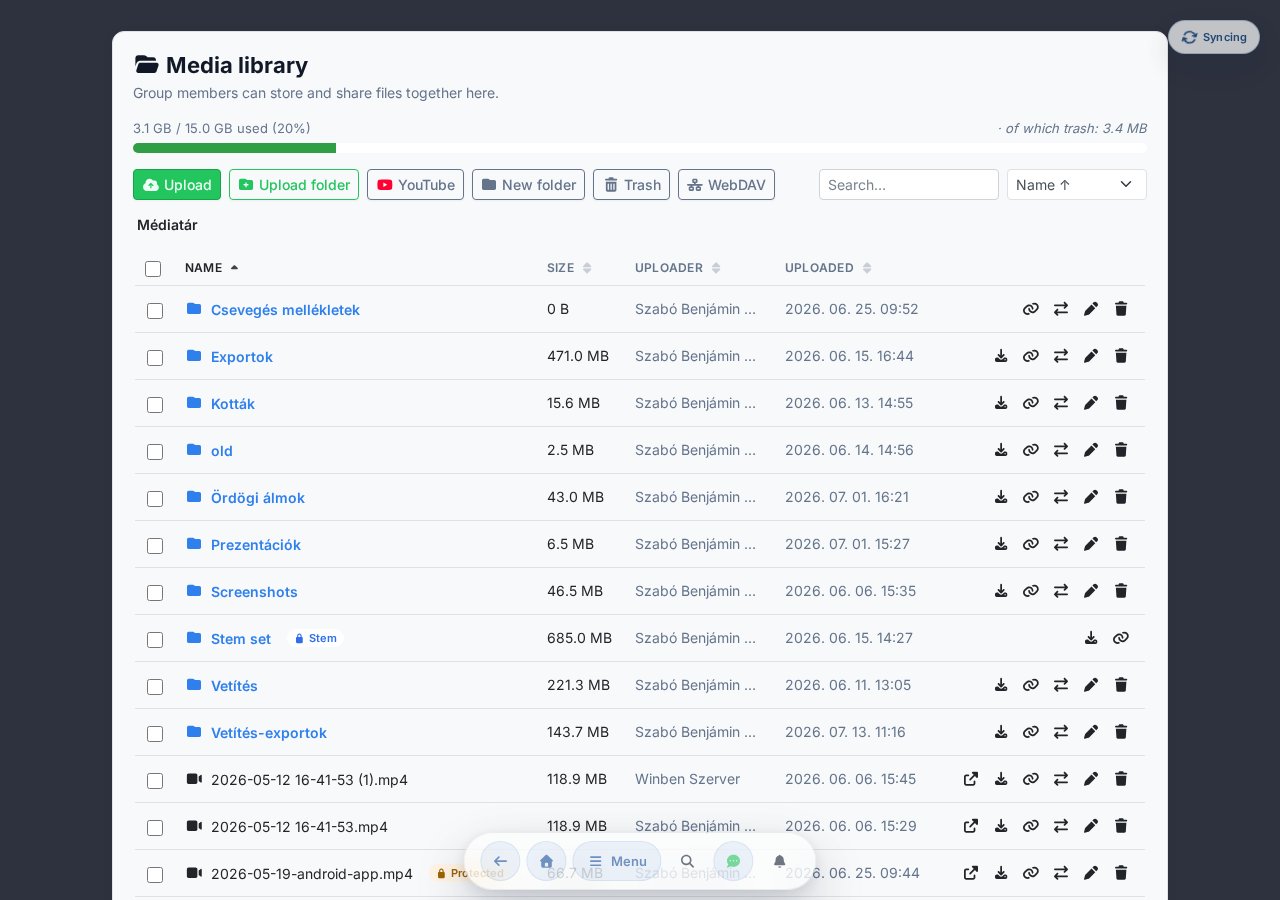 Media Library: storage bar, toolbar (Upload, Upload folder, New folder, Trash), search and sort, file list with folders