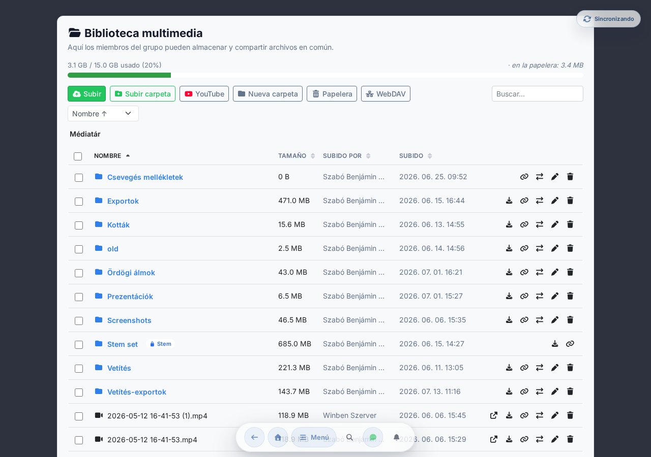Mediateca: barra de cuota, barra de herramientas (Subir, Subir carpeta, Nueva carpeta, Papelera), búsqueda y ordenación, lista de archivos con carpetas