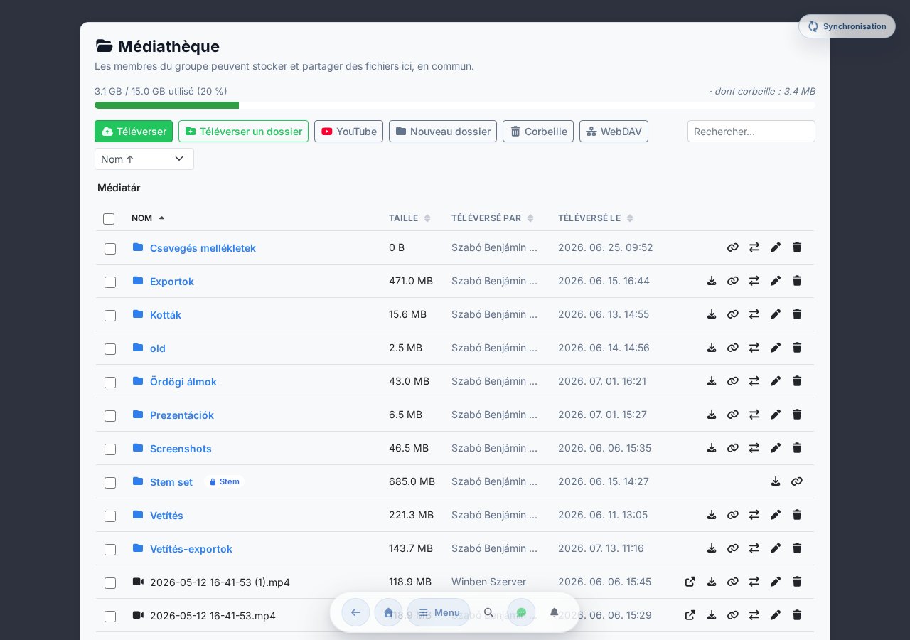 Médiathèque : barre de quota, barre d'outils (Télécharger, Télécharger un dossier, Nouveau dossier, Corbeille), recherche et tri, liste de fichiers avec dossiers