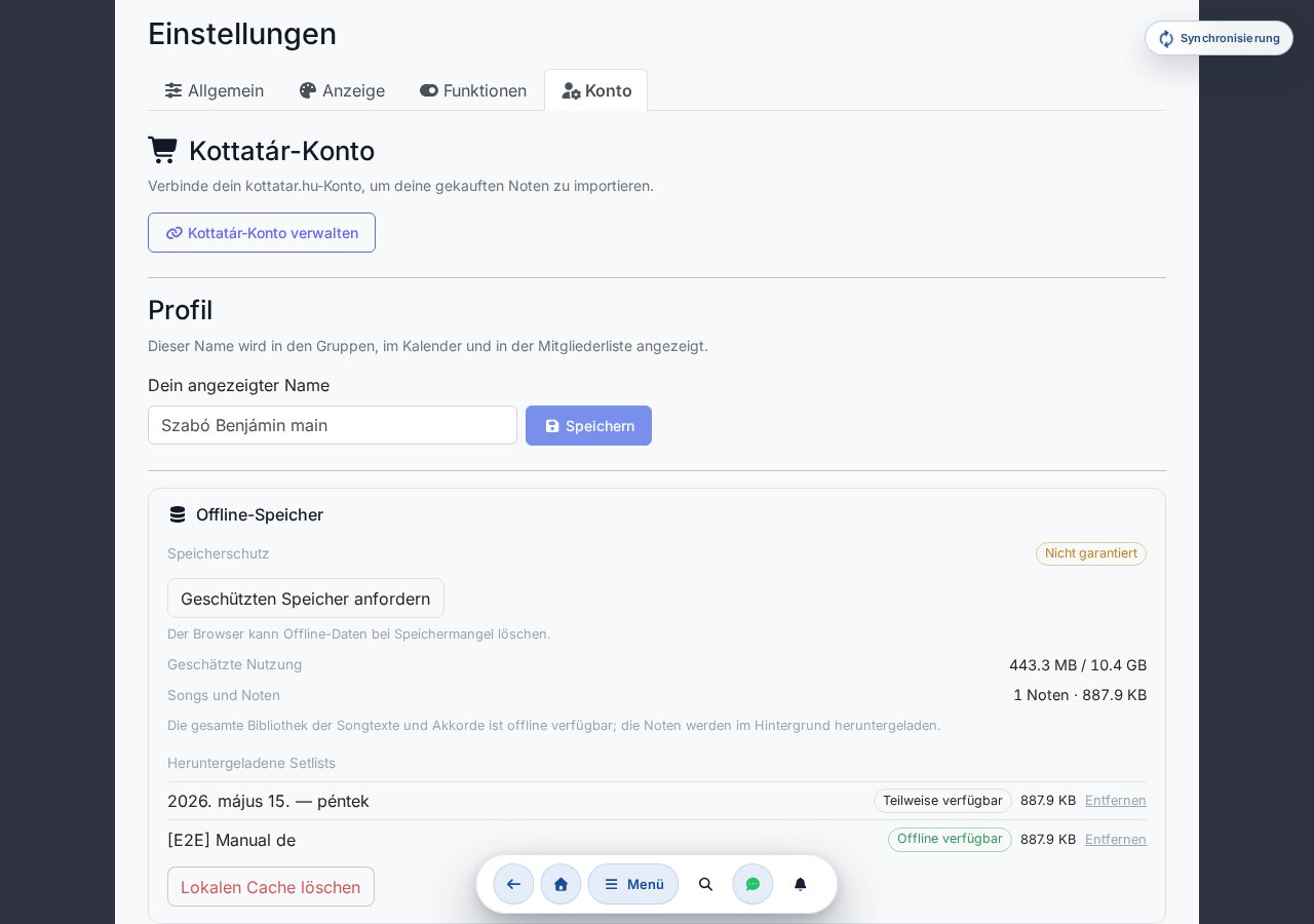 Offline-Speicher Sektion: Speicherschutz, geschätzter Verbrauch, Songbibliothek-Synchronisation, Liste heruntergeladener Setlists