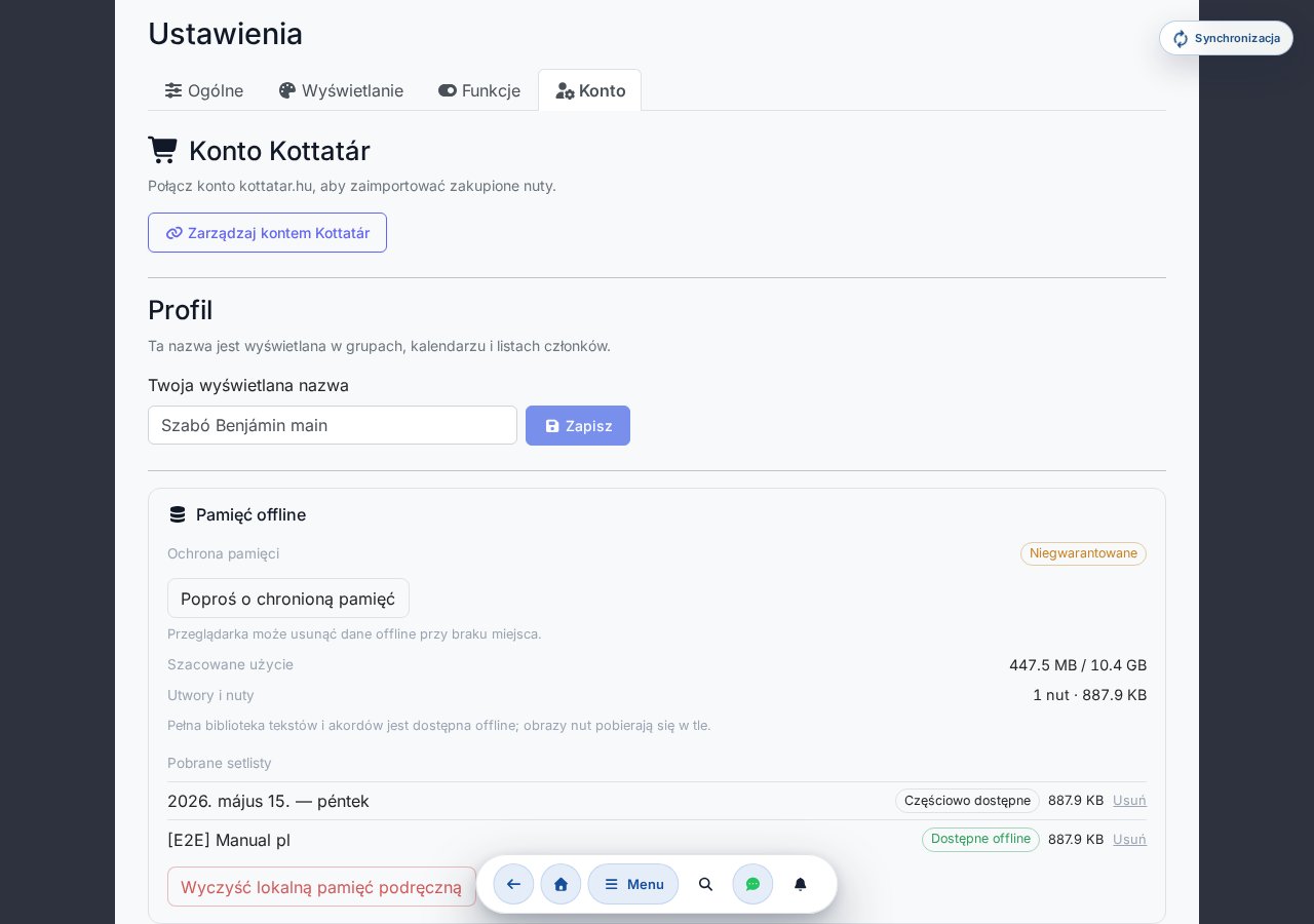 Sekcja Pamięć offline: ochrona pamięci, szacowane zużycie, synchronizacja biblioteki piosenek, lista pobranych setlist