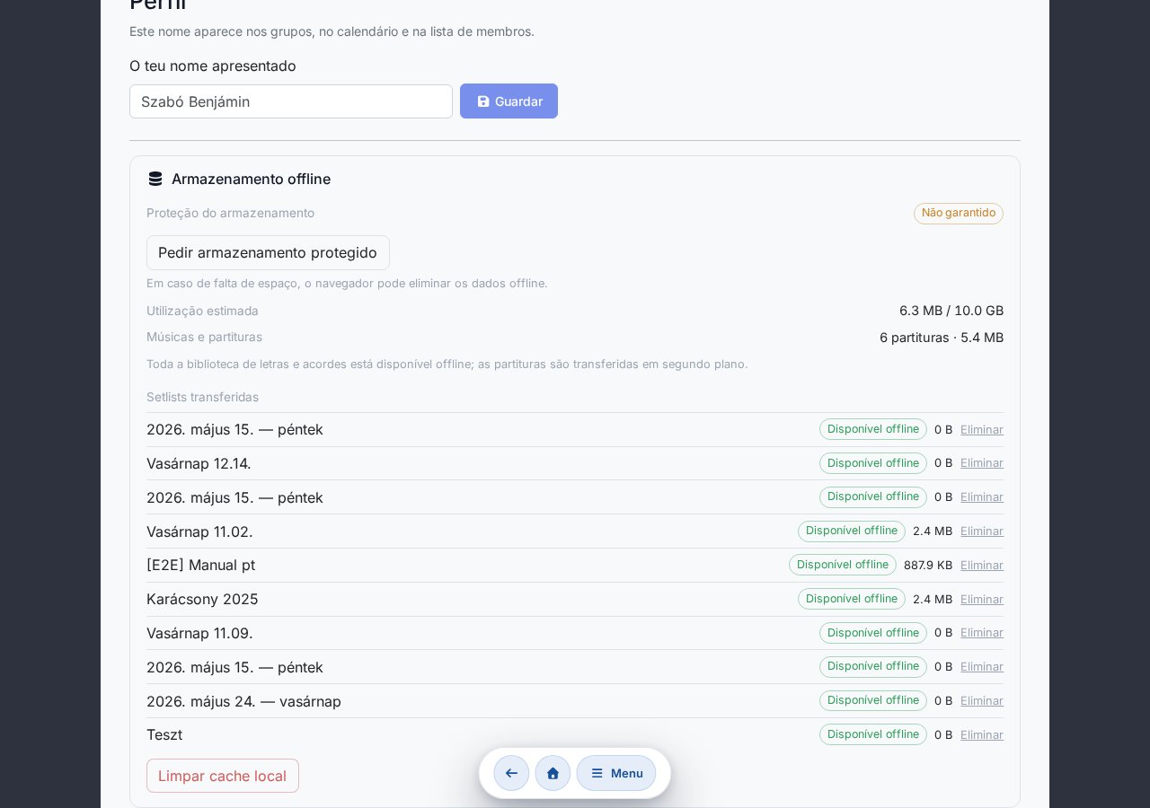 Secção de armazenamento offline: proteção do armazenamento, utilização estimada, sincronização da biblioteca, lista de setlists transferidas
