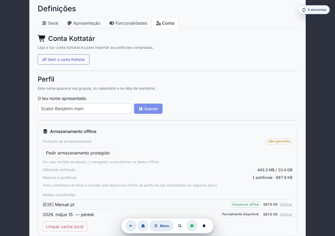 Secção de armazenamento offline: proteção do armazenamento, utilização estimada, sincronização da biblioteca, lista de setlists transferidas