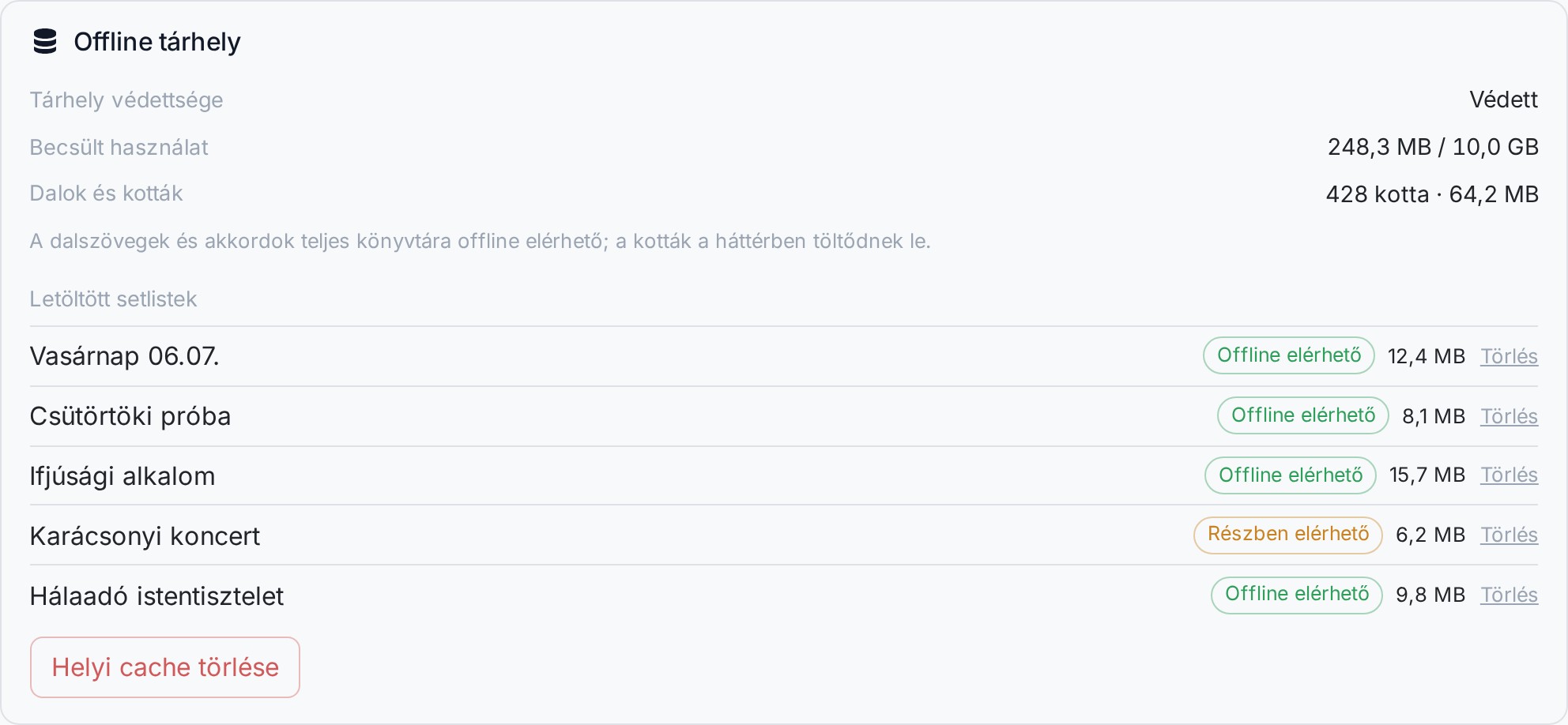 Offline tárhely szekció: tárhely-védettség, becsült használat, dalkönyvtár-szinkron, letöltött setlistek listája