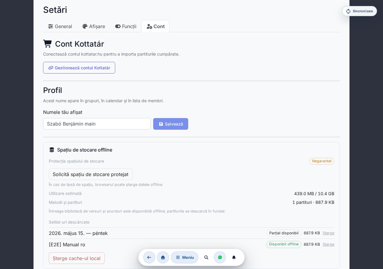 Secțiunea Stocare offline: protecție spațiu, utilizare estimată, sincronizare bibliotecă piese, lista Setlist-urilor descărcate
