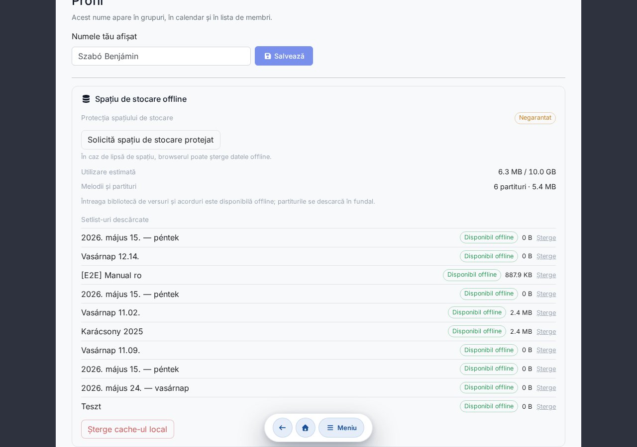 Secțiunea Stocare offline: protecție spațiu, utilizare estimată, sincronizare bibliotecă piese, lista Setlist-urilor descărcate